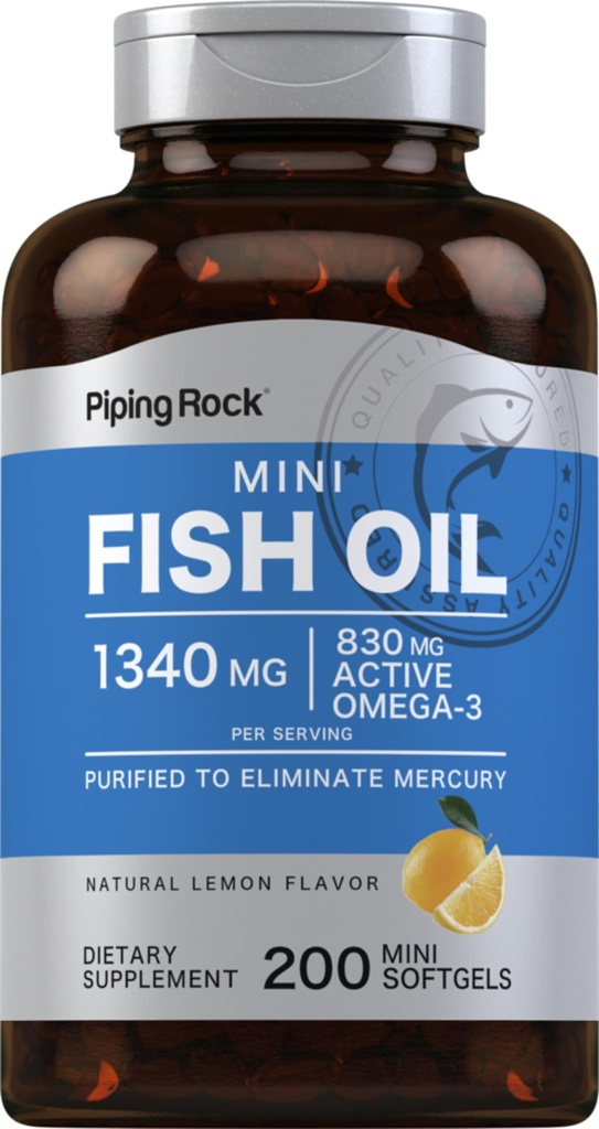 Piping Rock Mini Fish Oil 1340mg | 200 Softgels | Omega-3 täiendus meestele ja naistele | Sidrunimaitse | Mitte-GMO ja Gluteenivaba