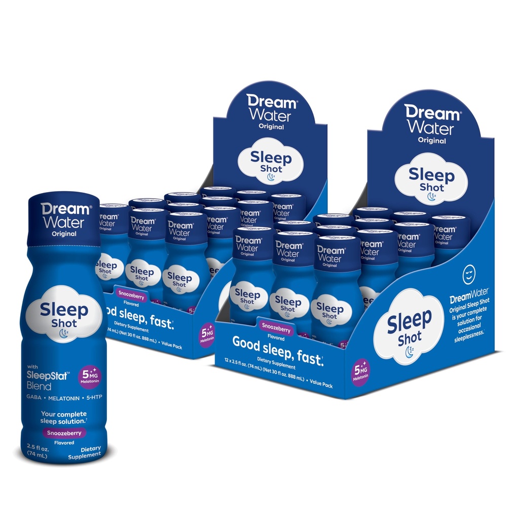 Dream Water Natural Sleep Aid, GABA, MELATONIN, 5-HTP, 2,5oz Shot, Snoozeberry, 24 Count Economy Value Pack