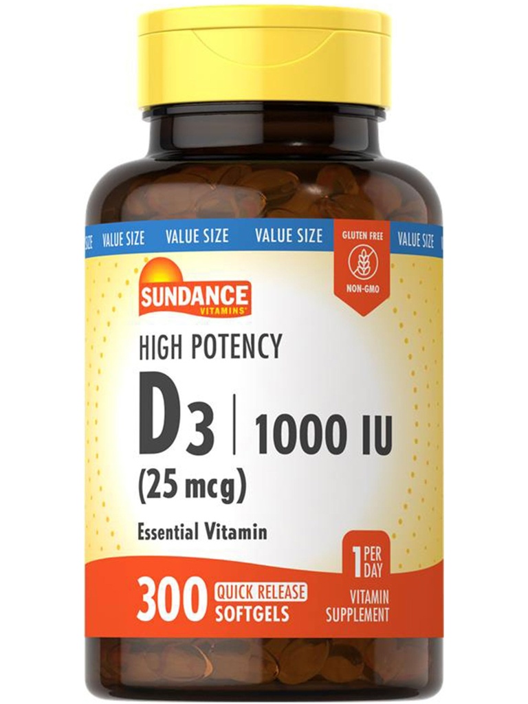 Sundance Vitamiin D3 1000 RÜ | 300 Softgels | Kõrge potentsi | Essentsiaalne Vitamiinivalem | Mitte-GMO ja Gluteenivaba toidulisand