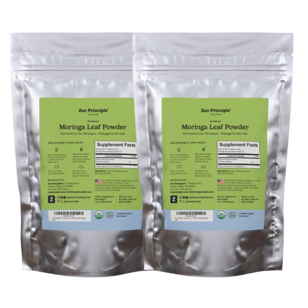 Zen Principle 2-Pack Premium Organic Moringa Oleifera Leaf Powder. USDA Certified Organic.