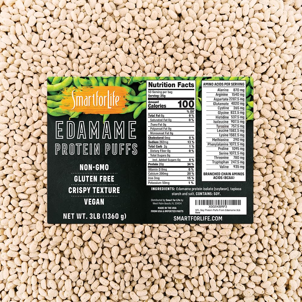 Nutikas eluks Sojavalk Puffs Edamame - kõrge valgu null suhkur Sojavalk Isolaat Puffs - 20 Grams Protein Snacks - Non-GMO, Gluteenivaba - 3 naela Box - 53 Servings - Soja Puffs ...