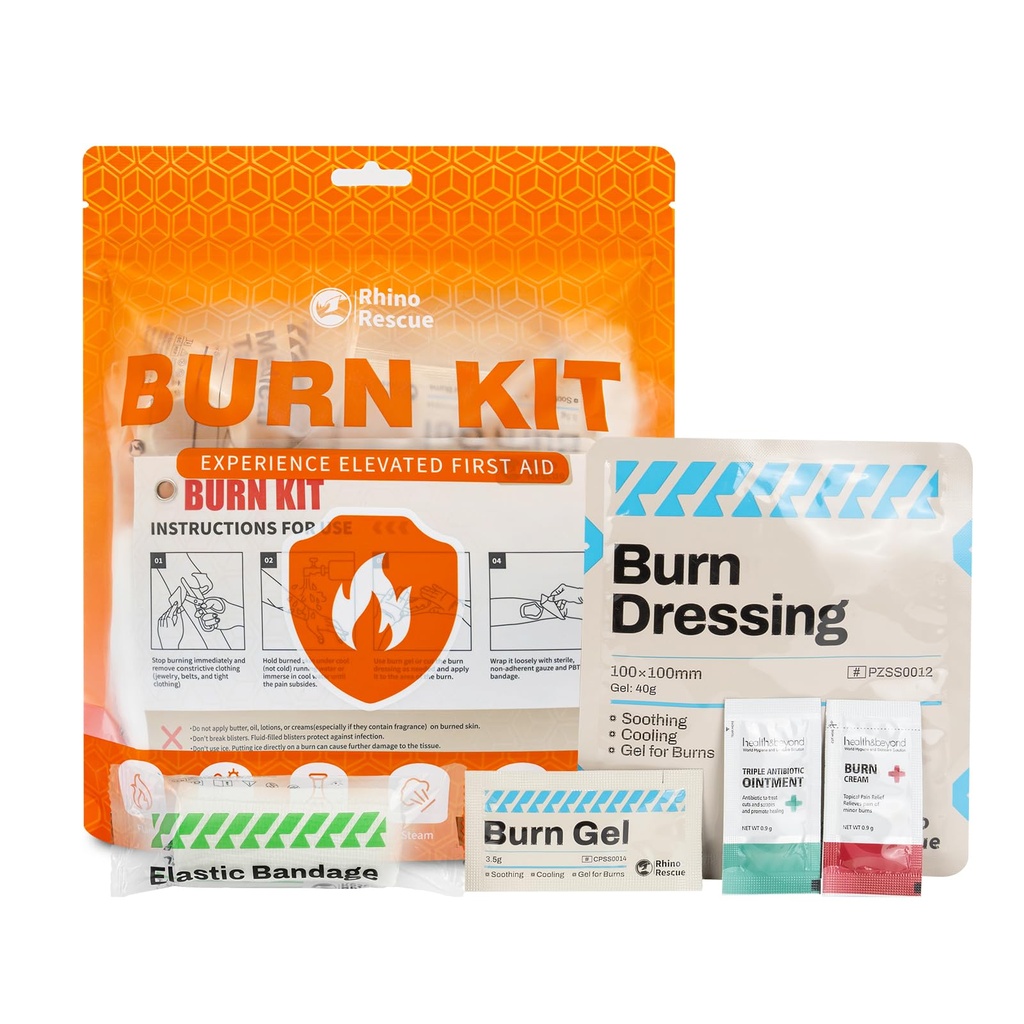 RHINO RESCUE Burn Kit, 4pcs Burn Dressings 4x4, 8pcs Burn Gel Packets 3.5g, 4pcs Burn Pads, First Aid Kit Cooling rahustav Cream Relief Bandage, Nitrile kindad, käärid, lint, HSA / FSA abikõlblikud