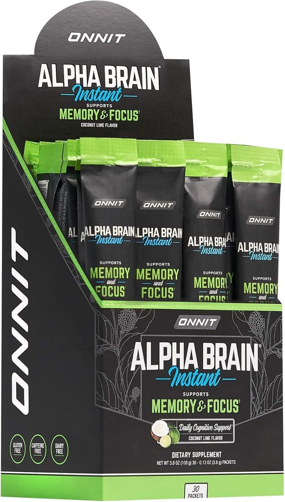 ONNIT Alpha Brain Instant - Kookospähkli lubi Maitse - Nootroopne Aju Booster Mälu Lisand - Ajutugi Keskendumisele, Energiale Ja Selgusele - Alpha GPC Koliin, Kasside Küünis, L-Theanine, Bacopa - 30ct