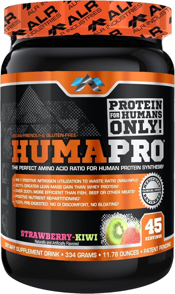 Humapro | Aminohapete valgumaatriks inimestele | 99% kasutamine lahja lihase jaoks | Vegan, gluteenivaba | 334g / 45 Servings (Maasikas Kiwi)