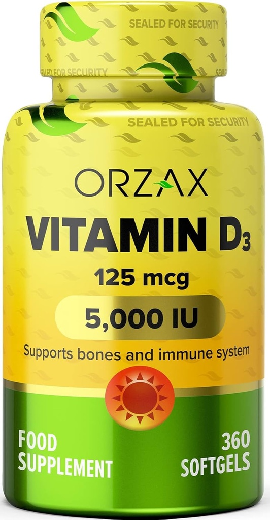 ORZAX Vitamiin D3 5000 iu (125 mcg) - mitte-GMO, gluteenivaba, suhkruvaba, piimavaba - 1 aasta pakkumine tugeva lihasfunktsiooni ja immuunsuse toetamiseks - hea tuju täiendus (360 Softgel)
