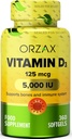 ORZAX Vitamiin D3 5000 iu (125 mcg) - mitte-GMO, gluteenivaba, suhkruvaba, piimavaba - 1 aasta pakkumine tugeva lihasfunktsiooni ja immuunsuse toetamiseks - hea tuju täiendus (360 Softgel)