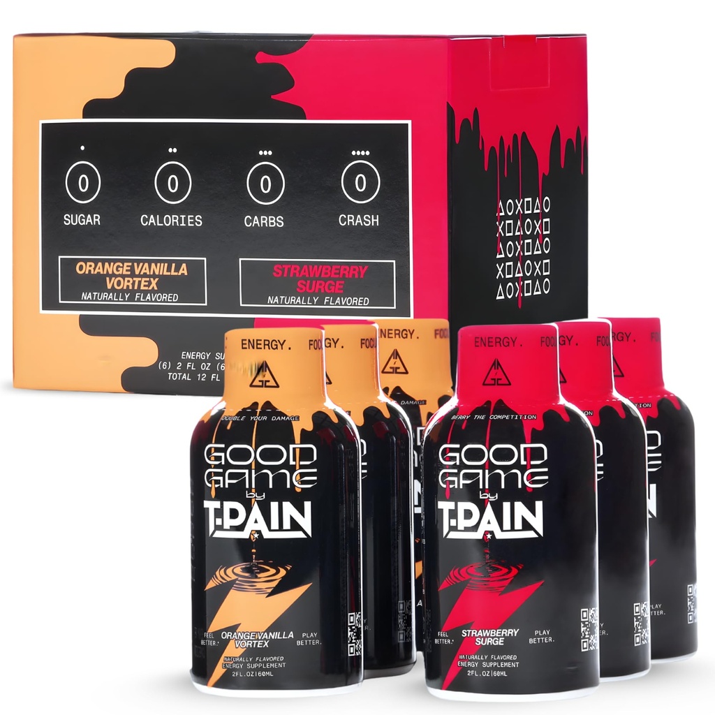 Nappy Boy Dranks Good Game by T-Pain Energy Shot, 2oz (6 Pack), Sugar-Free, Zero Calorie Focus Drink with 200mg Caffeine and B-Vitamins (B3, B6, B12) - Clean, No-Crash Energy Boost, 3 Orange Vanilla Vortex + 3 Strawberry Surge