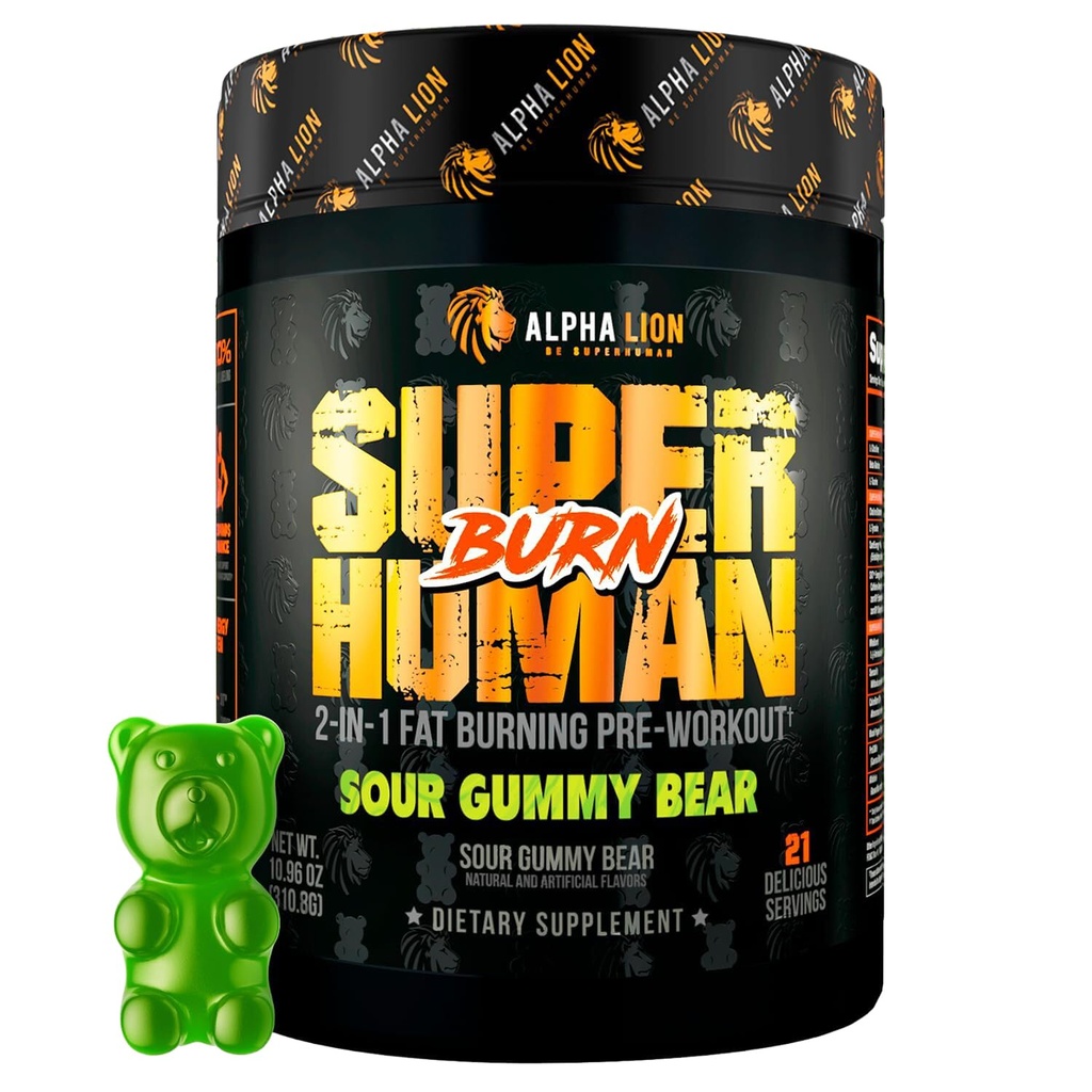 ALPHA LION Superhuman Burn - 2 in 1 Metabolism Booster Pre Workout ja termogeenne rasvapõletaja meestele - isu vähendav ja kaalulangus täiendada (21 Servings, Hapu Kummikaru)