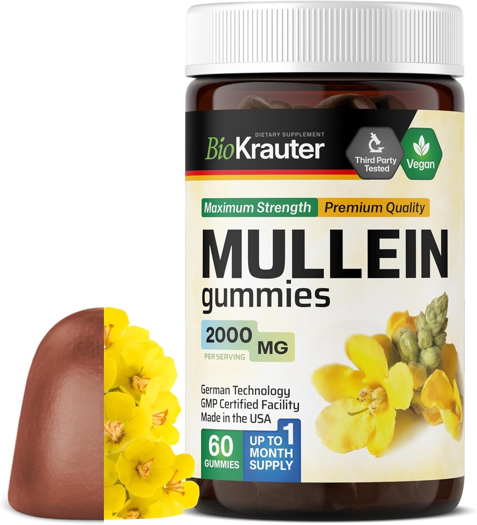 BIO KRAUTER Mullein Gummies for Lungs 2000 mg - 60 Chews - Lung Detox Supplement - Mullein Leaf Gummies - Vegan, želatiinivaba
