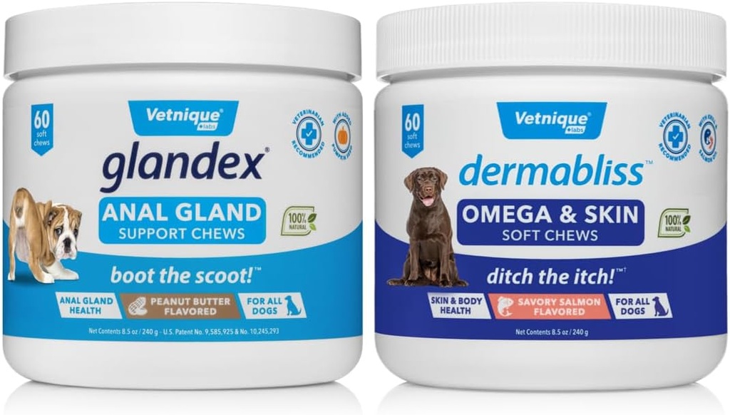 VETNIQUE Dermabliss Omega & Skin Supplement Chews for Dogs (60ct) & Glandex Anal Gland Support Maapähklivõi Pehmed närid koertele (60ct) Bundle