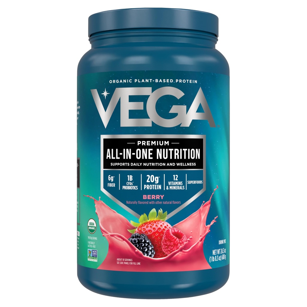 Vega All in One Nutrition Organic - 20 g taimepõhine herneproteiin, Berry, 20 serveerimist, vitamiinid A & C, probiootikumid, rohelised, vegan, Keto, gluteenivaba, 24,3oz (pakendamine võib varieeruda)