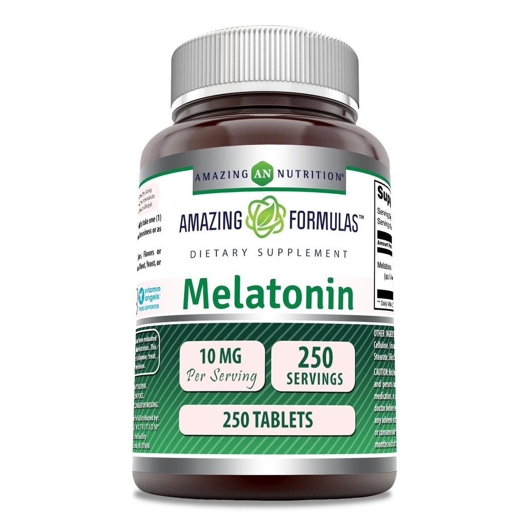 Hämmastavad valemid Melatoniini lisand | 10 mg ühe serveerimise kohta | 250 tabletti | Mitte GMO | Gluteenivaba | Valmistatud USA-s