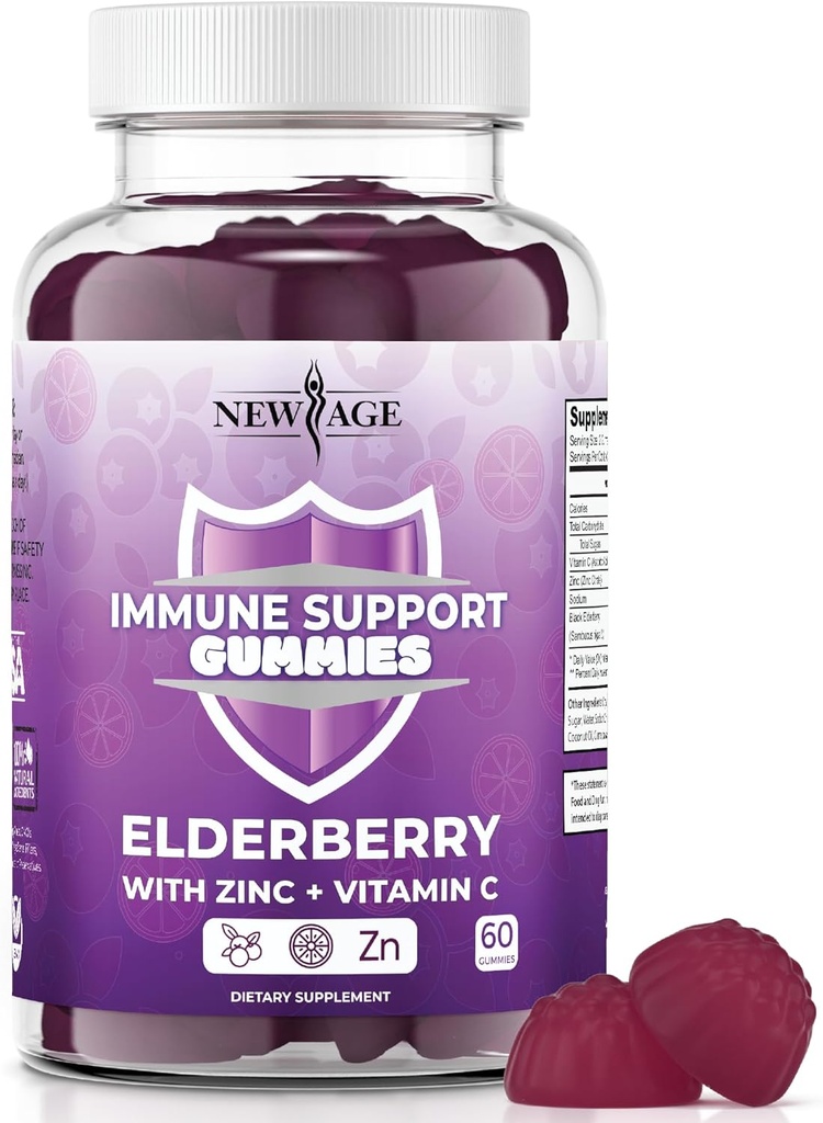 NEW AGE Immuunsüsteemi tugikummid - Sambucus Black Elderberry Gummies koos C-vitamiini ja tsingiga (immuuntugi 60 kummikut)
