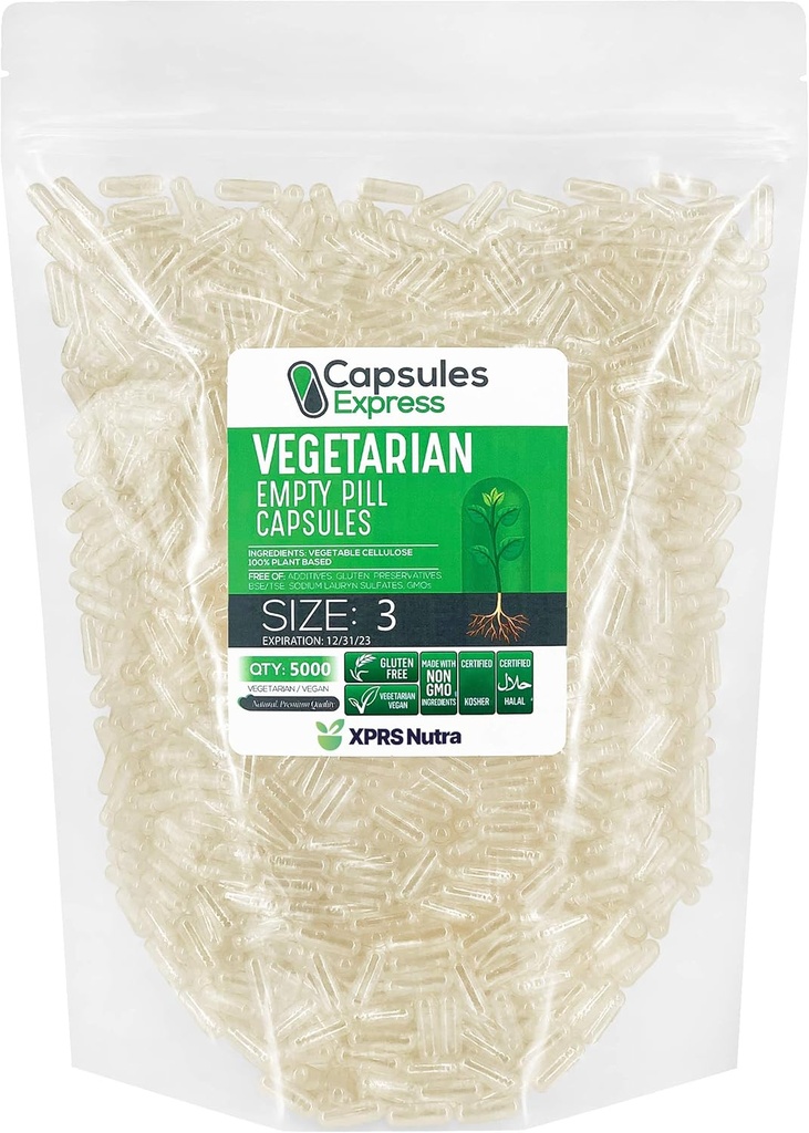 XPRS Nutra suurus 3 Tühja kapslit - 5000 loend Selge Tühi Vegankapslid - Taimsed Tühjad pillid - DIY Köögiviljakapslid Täitmine - Veggie Pill Kapslid