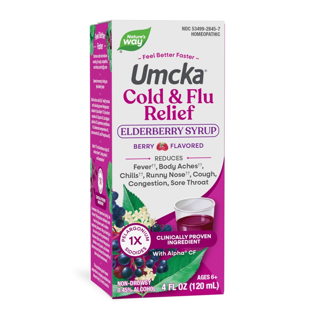 Looduse tee külm + gripi leevendamise siirup *, Umcka, valulik kurk, köha, ummikud, palavik *, kehavalud *, fenülefriinivaba, homöopaatiline, mitte-uimane, marjamaitseline, 4 Fl Oz (pakendamine võib varieeruda)