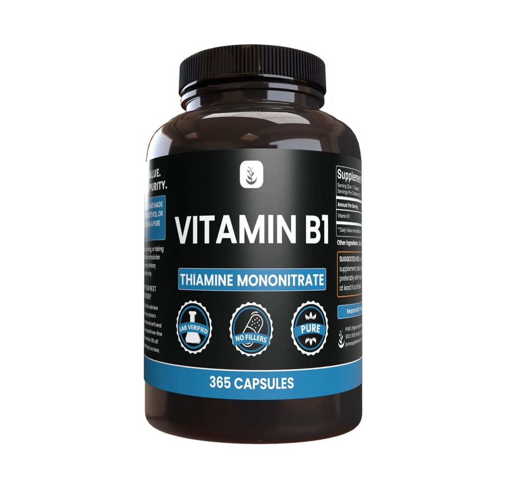 PURE ORIGINAL INGREDIENTS Vitamin B1 (Thiamine Mononitrate) (365 Capsules) No Magnesium Or Rice Fillers, Always Pure, Lab Verified