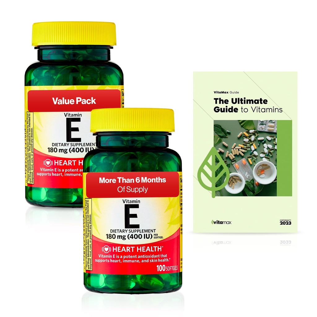 Spring Valley E-vitamiini südame tervise toidulisand Softgels, 180 mg (400 IU), 200 Count, 2-Pack + Exclusive VitaMax Vitamiini juhend (3 eset)