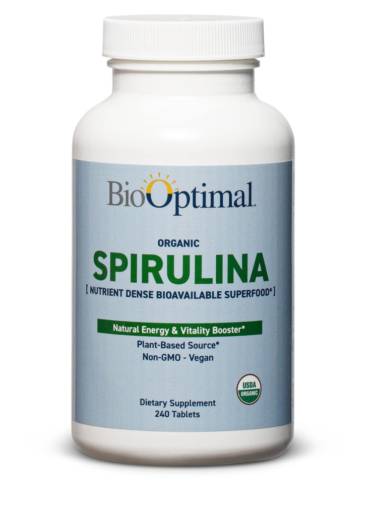 BioOptimal Organic Spirulina tabletid - orgaanilised, mitte-GMO, ei lisaaineid ega täiteaineid - 500mg Premium kvaliteediga toidulisand koos vitamiinide, mineraalide ja antioksüdantidega (240 tabletti)