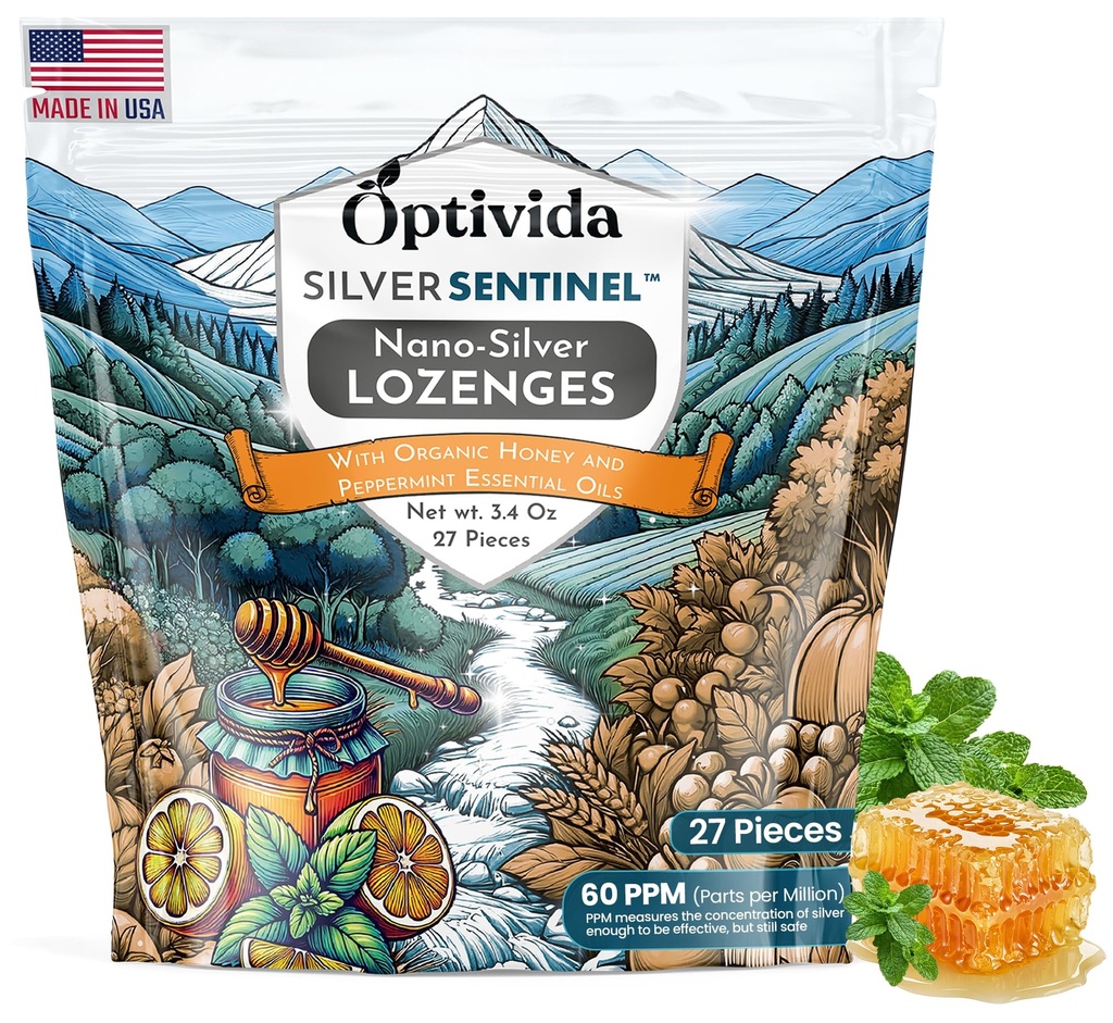 OPTIVIDA Health Colloidal Silver Lozenges with Honey & Sidrun Oil (1 Pack) - rahustav valulik kurgukotid täiskasvanutele, kellel on köha leevendamine ja kiire toimega Nano Hõbe valem immuunsuse toetamiseks, 60 Ppm