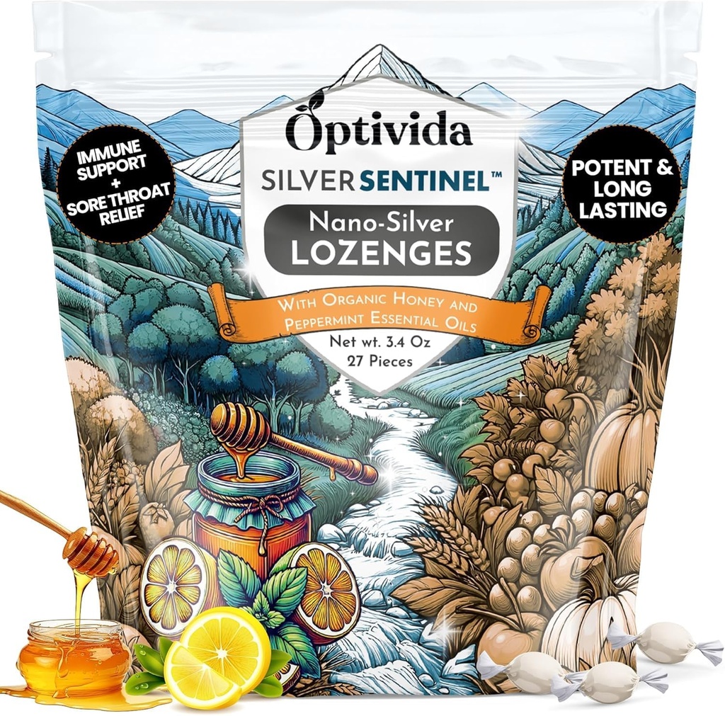 OPTIVIDA Health Colloidal Silver Lozenges with Honey & Sidrun Oil (1 Pack) - rahustav valulik kurgukotid täiskasvanutele, kellel on köha leevendamine ja kiire toimega Nano Hõbe valem immuunsuse toetamiseks, 60 Ppm