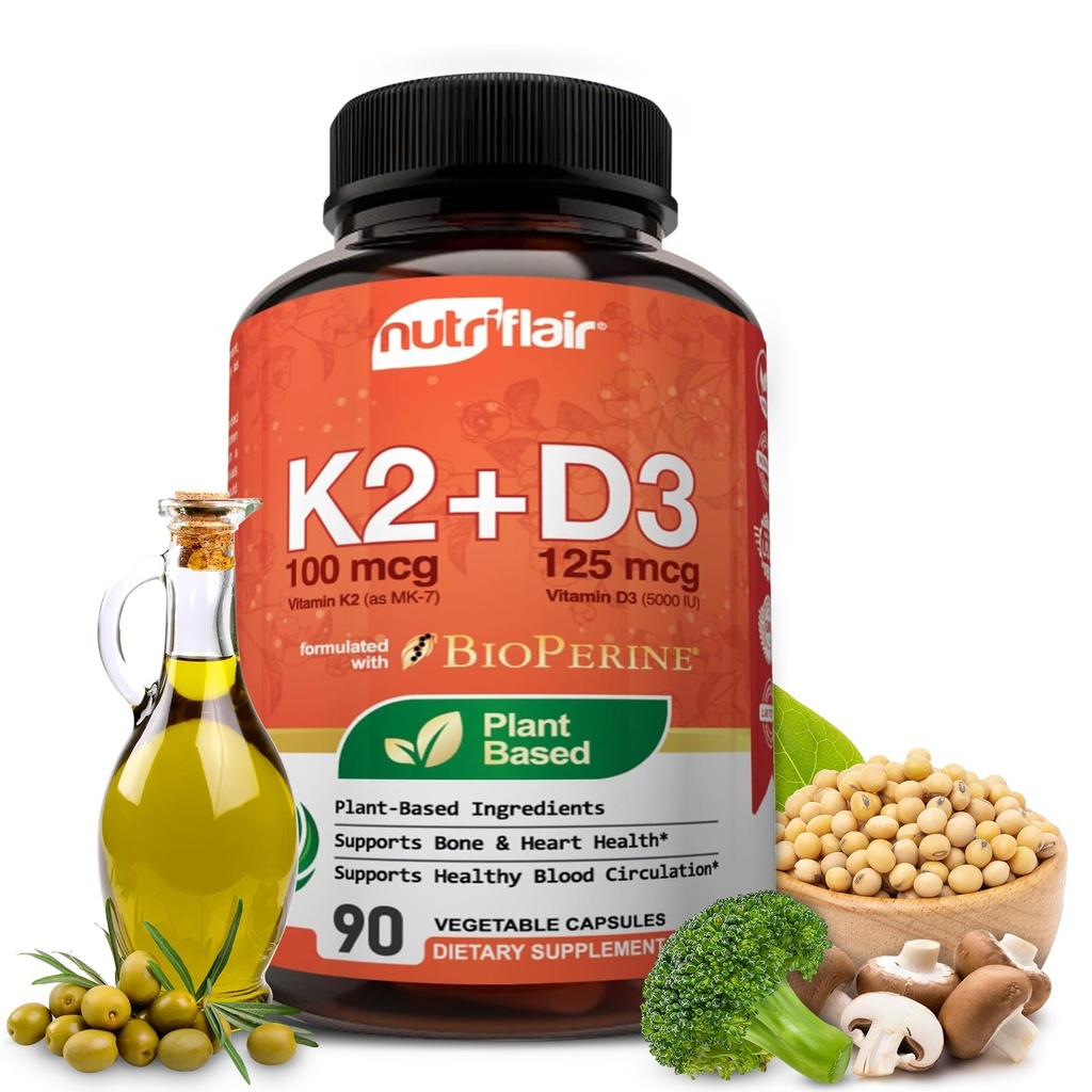 NutriFlair Vitamiinid D3 (5000iu/125mcg) + K2 (Mk7) - valmistatud taimsete koostisosadega Plus BioPerine Black Pepper Extract, 90 kapslit - toetab tervislikku immuunsust, südant ja tervist - Non-GMO pillid
