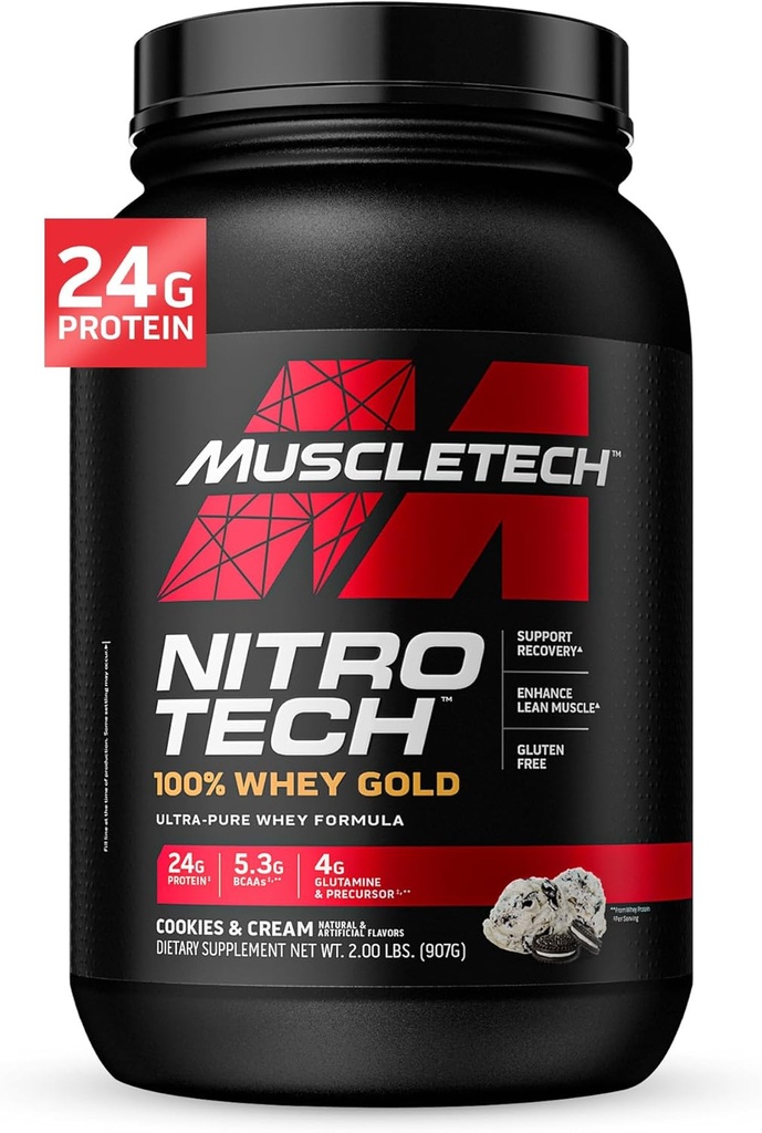 MuscleTech vadakuvalgu pulber , Nitro-Tech vadaku kuldvalgu pulber , vadakuvalgu isolaatsmoothie segu , valgupulber naistele ja meestele , küpsised ja kreem , 2 lb (28 Servings) - pakend võib erineda