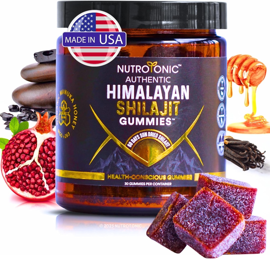 NutroTonic® Organic Himalayan Shilajit Gummies – granaatõunad ja Vanilla Maitsestatud – Shilajit meestele ja naistele – Wild Crafted Manuka Honey MGO +263 – Made in USA – 30 Tervislik Gummies