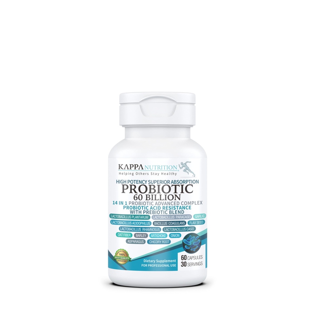 KAPPA NUTRITION Probiootikum 60 miljardit CFU 14 in 1 valem koos prebiootikumidega ja happega naistele, meestele ja täiskasvanutele, riiulil stabiilne, happekindel, looduslik täiendus 60 kapslit.