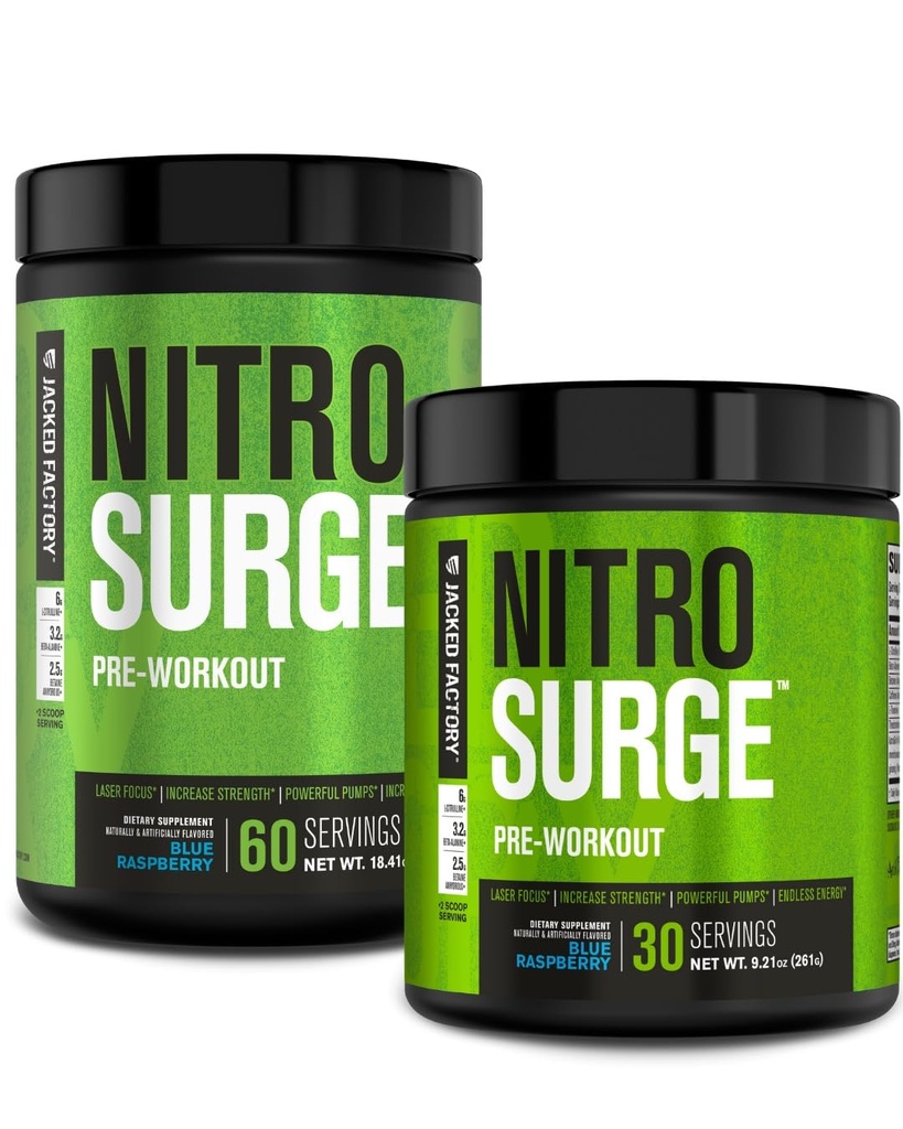 Jacked Factory NITROSURGE Pre Workout Supplement - Energiatugevdaja, Kiirtugevdus Kasum, Selge Fookus Ja Intensiivsed Pumpad - NO Booster & Powerful Preworkout Energy Powder - 90 Servings, Blue Vaarika