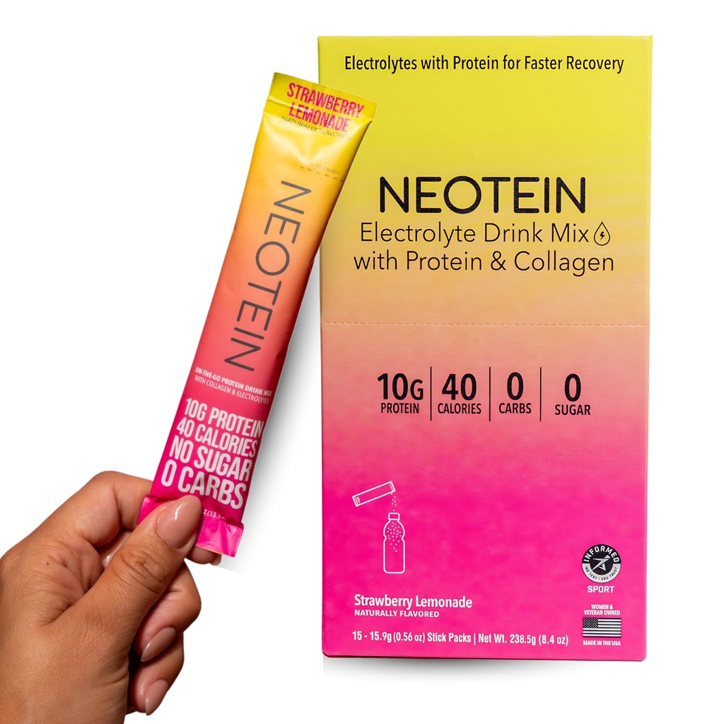 NEOTEIN: elektrolüütide pulbripaketid, valgupulber 10 g valgu ja kollageeniga | Hüdratsioonipaketid - nullsuhkur, NO täiteained, NO süsivesikuid | Maasikalemonaad | 40 kalorit | Keto & Paleo | Pakk 15