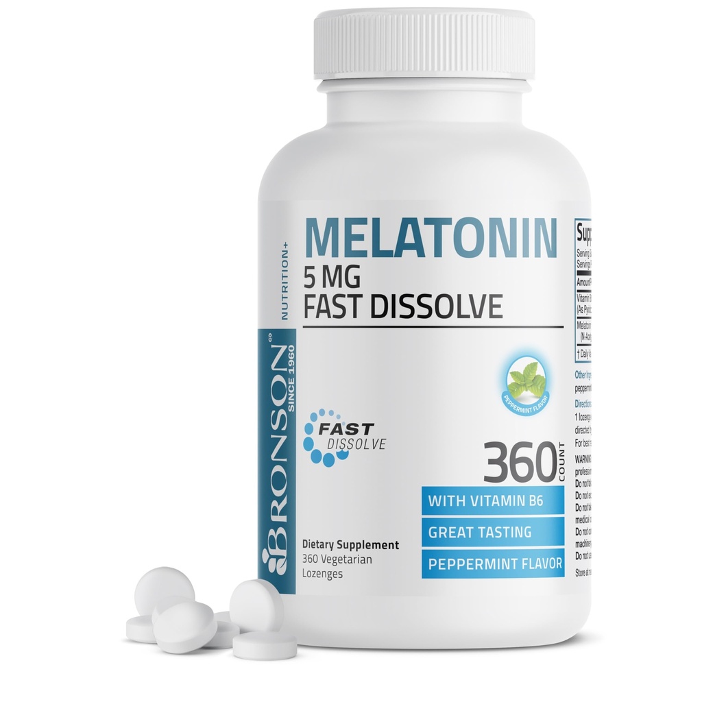 Bronson Melatoniin 5mg Kiire lahustada Piparmündi tabletid vitamiin B6 - soodustab lõõgastust, 360 taimetoitlase närimistablette