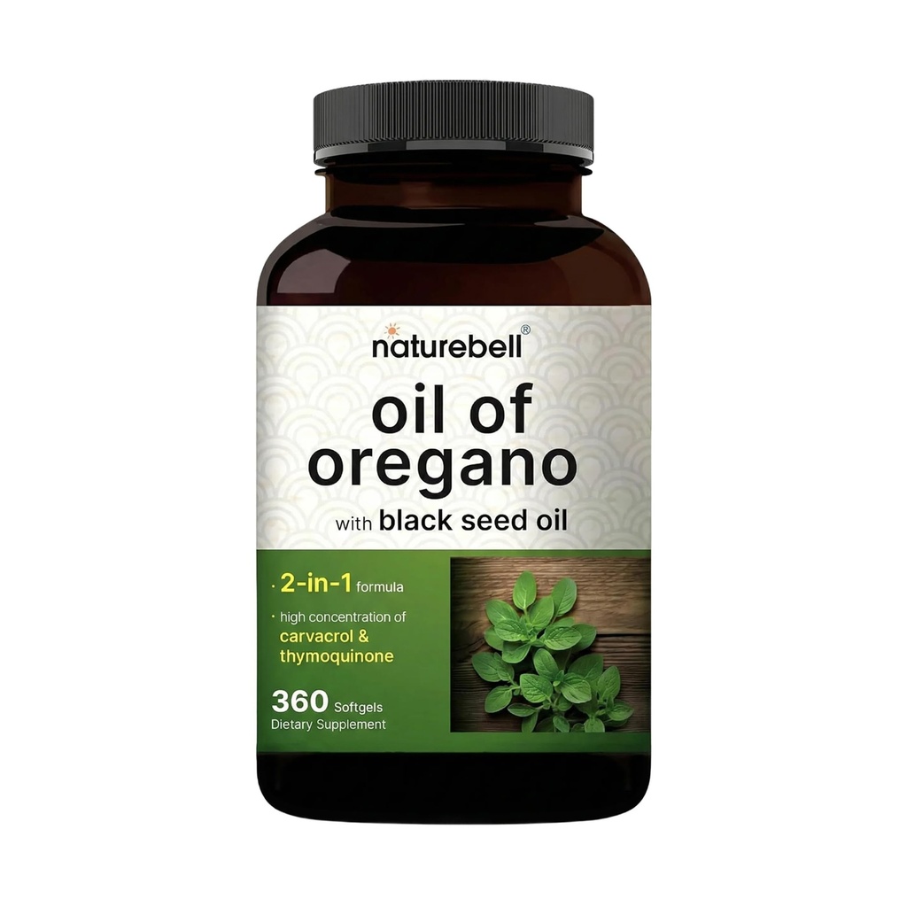 NatureBell Oregano õli musta seemne õli, 360 Softgels | 360 päeva varu eeterlikud õlid immuunsüsteemi tervisele | Säilitab kõrge kontsentratsiooniga karvakrooli ja tümokinooni – mitte-GMO
