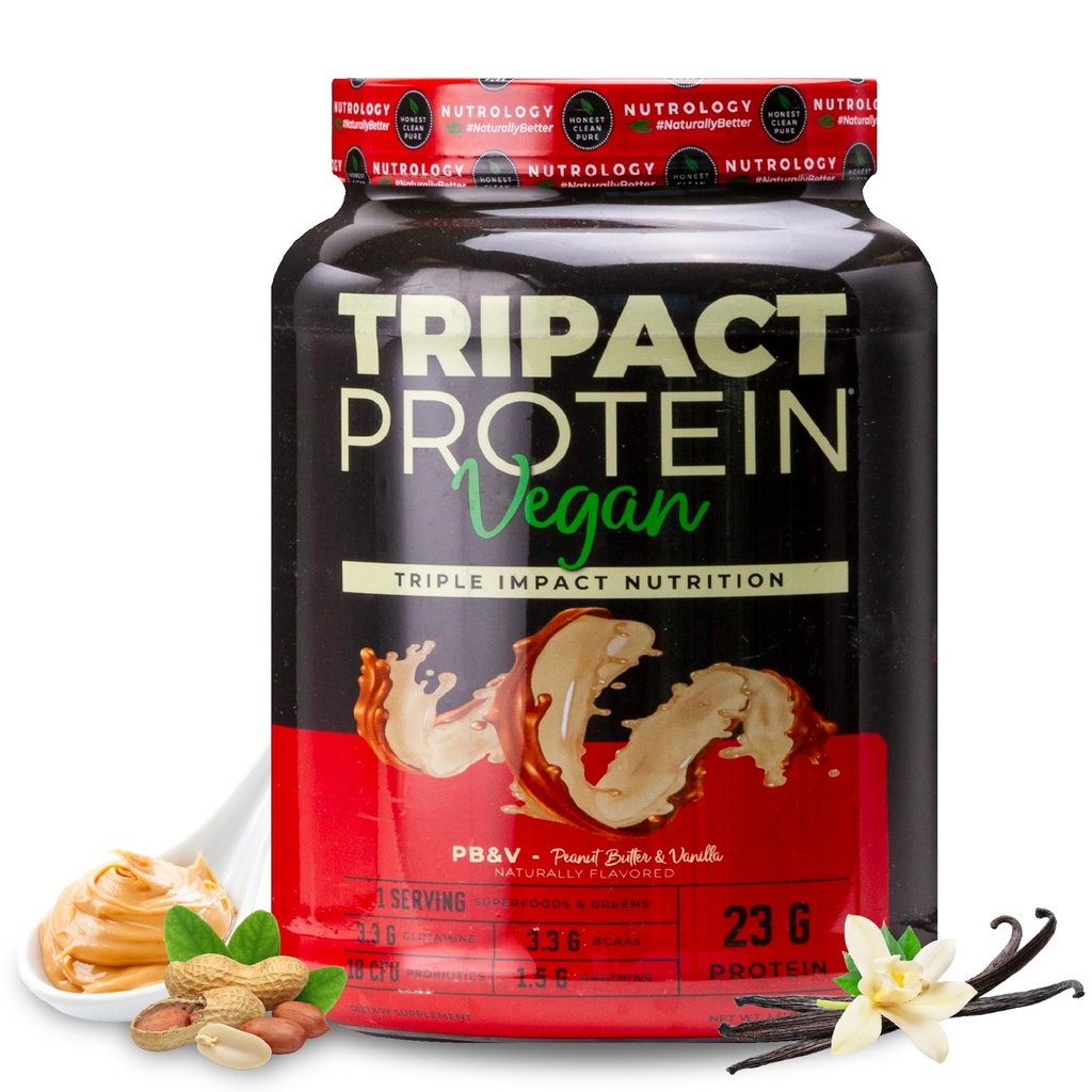 Nutroloogia TRIPACT Veganvalgu pulber - Orgaaniline hernes, riis ja kõrvitsavalk, BCAA-d ja glutamiini taimse toidu asendajad lihaste taastamiseks ja immuunsuseks, maapähklivõi ja Vanilla, 20 serveerimist