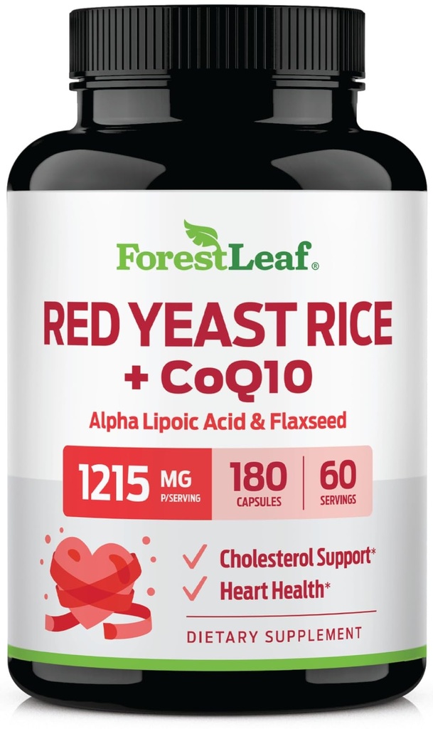 ForestLeaf Red Pärm Riis CoQ10 täiendusega - 1215mg ekstra tugev punane pärmseente riis kapslid alfa-lipohappe ja orgaanilise linaseemnega, tsitriniinivaba - 180 kapslit