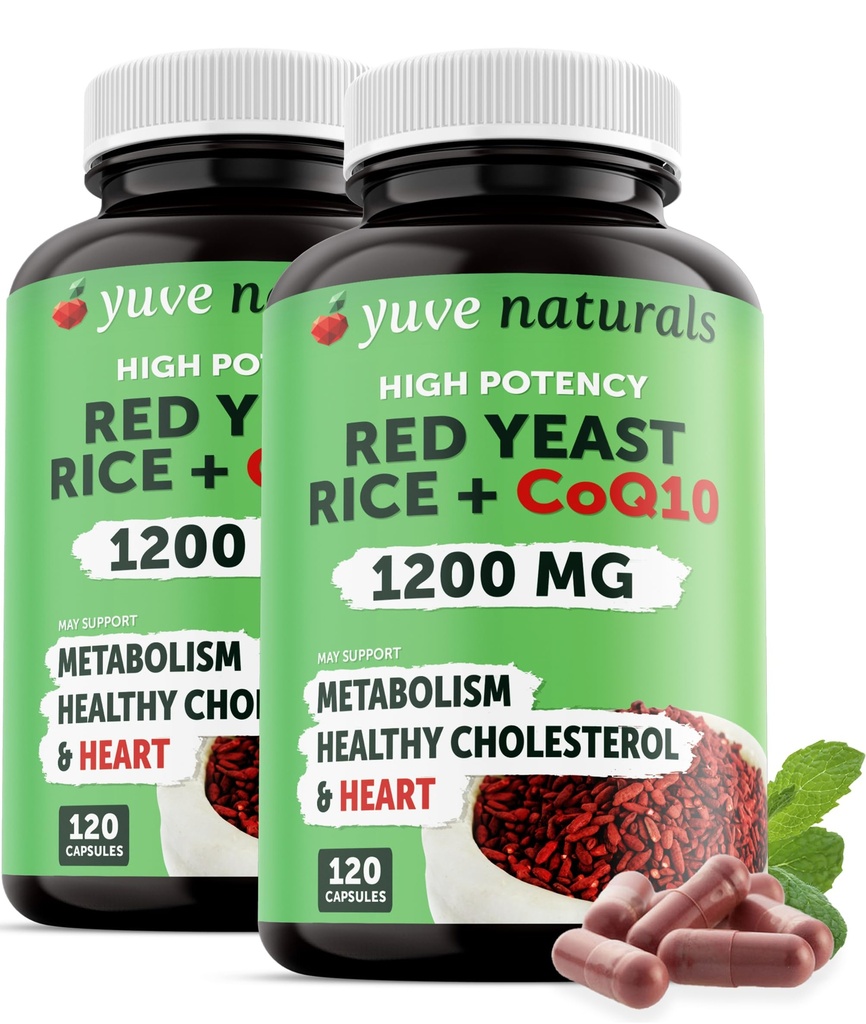 Red Pärm Riis 1200 mg kapslid CoQ10 - Säilitada tervislikku kolesterooli taset, Taimne Südame Tervis Vegan Punase Pärmi Rice Supplement - Punane Riis Pärm CoQ10 naistele ja meestele - 120 Ct (2-Pack)
