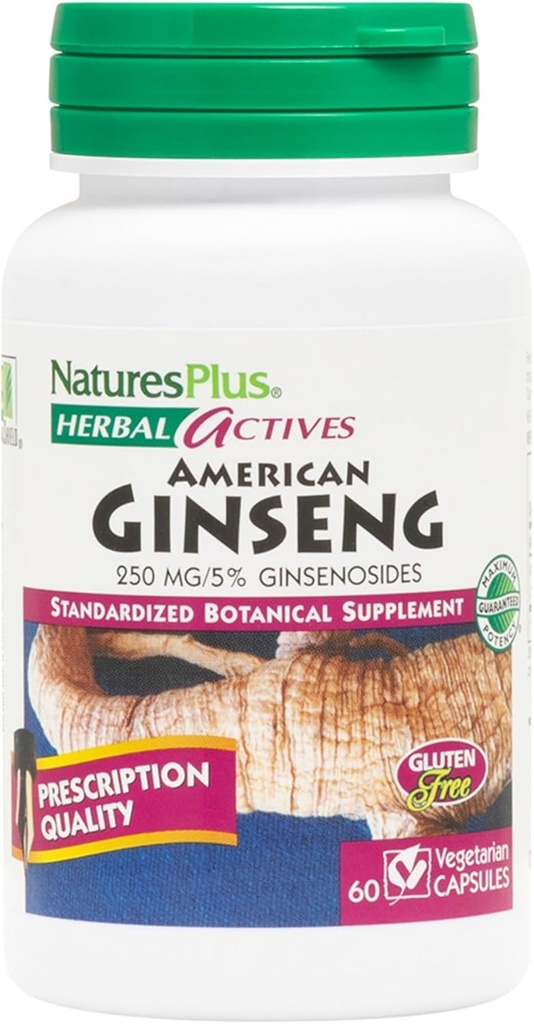 Natures Plus Herbal Actives American ženšenn - 250 mg, 5% ginosiidid - 60 vegankapslit - gluteenivaba - 60 serveerimist