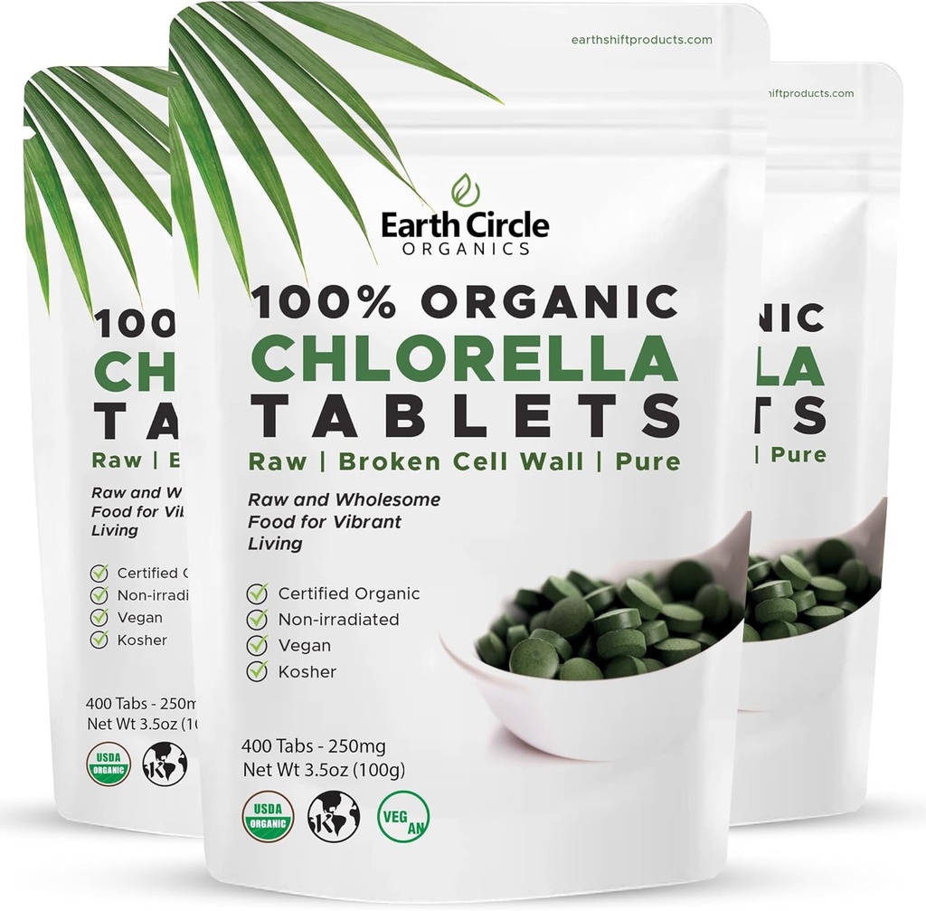 Orgaaniline Chlorella tabletid 400 Count | High Potency Superfood | Klorofülli tabletid 100% puhastest rohelistest vetikatest | Purustatud raku sein maksimaalseks imendumiseks | Vegan, Kosher, Non-GMO | 4 Tabs päevas (3-Pack)