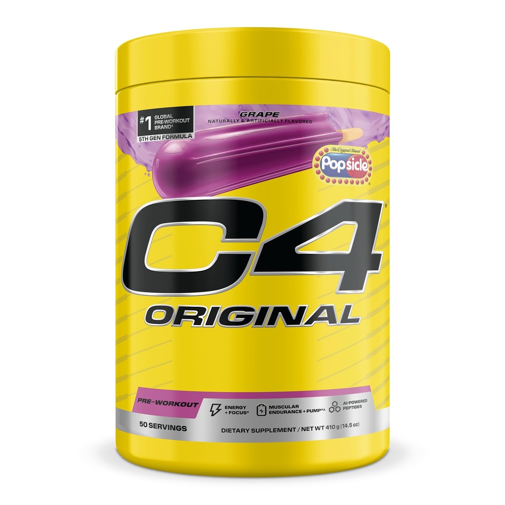 Cellucor C4 Original Pre Workout – POPSICLE Grape - Pre-Workout for Endurance, Focus & Performance with 200mg Caffeine, Beta-Alanine, Creatine Nitrate, L-Arginine & PeptiPump – Sugar Free, 50 Servings