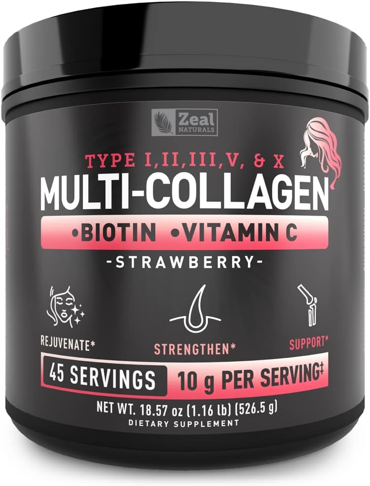 Premium Multi kollageenpeptiidide valgupulber (1, 2, 3, 5 ja 10) C-vitamiini, biotiini, hüaluroonhappega, juuste nahale ja küüntele - mere-, veise-, kana- ja munakoor (Maasikas, 45 serveerimist)