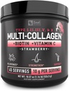 Premium Multi kollageenpeptiidide valgupulber (1, 2, 3, 5 ja 10) C-vitamiini, biotiini, hüaluroonhappega, juuste nahale ja küüntele - mere-, veise-, kana- ja munakoor (Maasikas, 45 serveerimist)