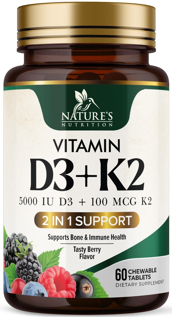Vitamiin D3 K2 täiendus | 5000 IU D3 + K2 100 mcg | MK-7 K2 koos vitamiiniga D | toetab immuunsust, südant, hambaid ja luude tervist - looduse kerge närida, VIT D3 K2, mitte-GMO, maitsev marjamaitse - 60 tabletti