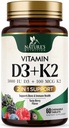 Vitamiin D3 K2 täiendus | 5000 IU D3 + K2 100 mcg | MK-7 K2 koos vitamiiniga D | toetab immuunsust, südant, hambaid ja luude tervist - looduse kerge närida, VIT D3 K2, mitte-GMO, maitsev marjamaitse - 60 tabletti