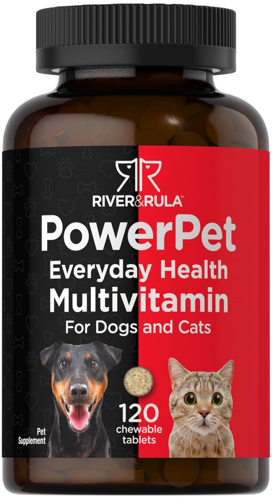 Horbäach Multivitamiin koertele ja kassidele | 120 närimistabletti | Lemmikloomade tervisetoetuslisa | Mitte-GMO & Gluteenivaba | River & RULA
