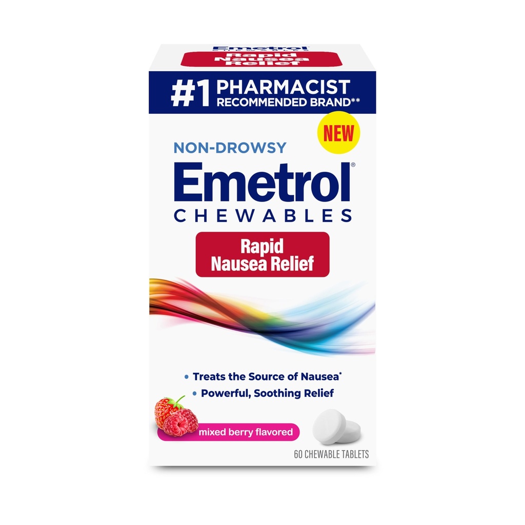Emetrol Mitte-Uimane Iiveldus Relief - Näritav Ravim Ärritunud Magu - Apteeker Soovitatav Iiveldus - Segatud Marjamaitse, 60 tabletti