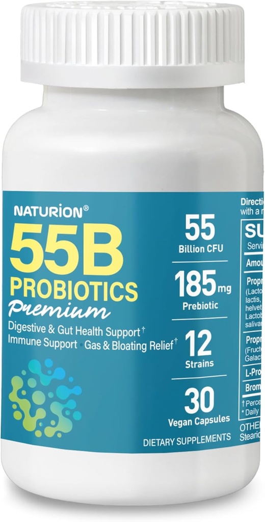 55B Probiootikumid Premium - 55 miljardit CFU, 12 tüve, 185mg prebiootikum - immuunsuse tugi, seedetrakti ja soolestiku tervis - toetab aeg-ajalt kõhukinnisust, gaasi ja puhumist - 30 vegankapslit, 30 päeva pakkumine