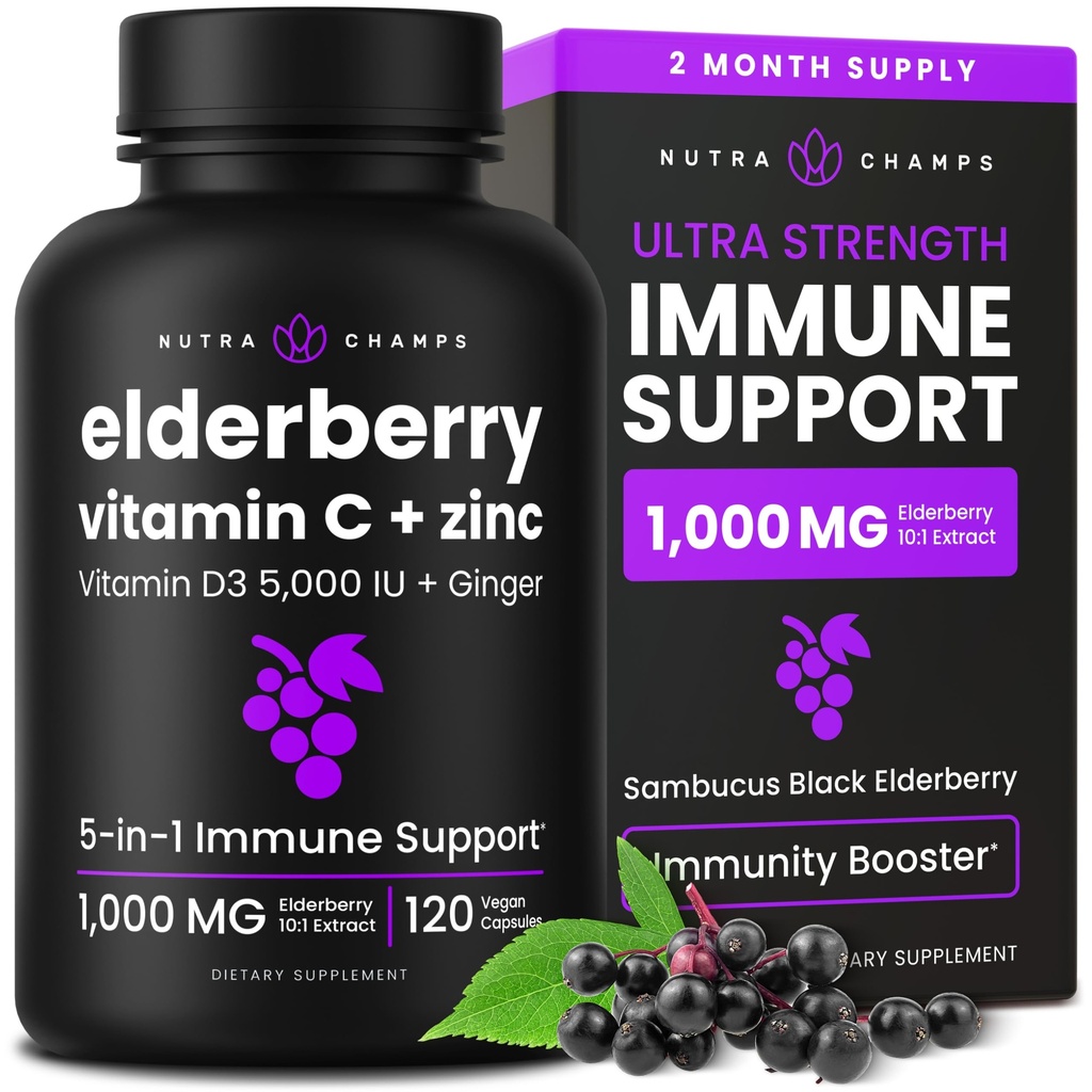 NutraChamps Elderberry vitamiin C ja tsink - 5 in 1 immuunsuse täiendada, 10 000 mg Sambucus Black Elderberry kapslid vitamiin D3 5000 IU, Sambucus Elderberry ekstrakti Immune Support täiskasvanutele