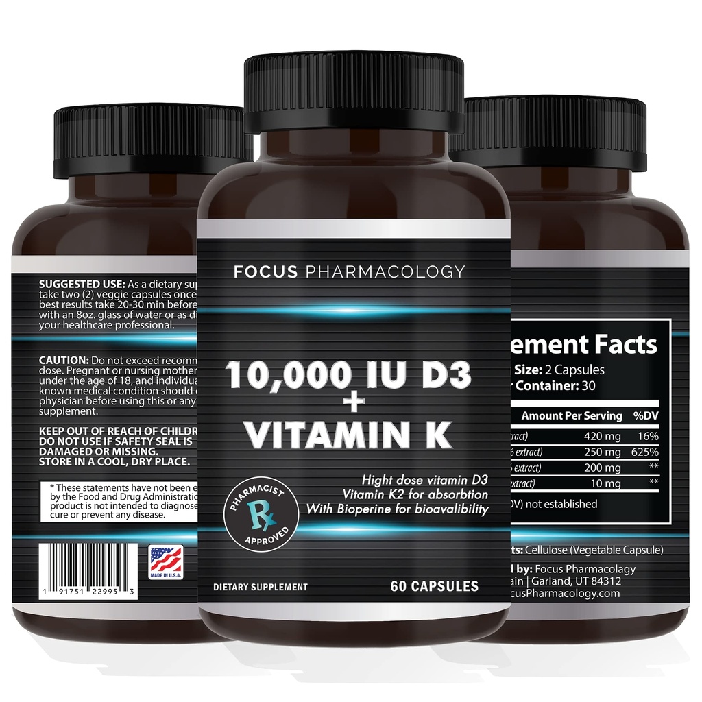 Vitamiin K2 koos D3 ekstra tugevuse täiendusega Luu | Südame tervis Mitte-GMO valem 10 000 IU D3-vitamiin ja 200 mcg K2-vitamiin (MK7) | Lihtne alla neelata K & D-vitamiin, 60 kapslit