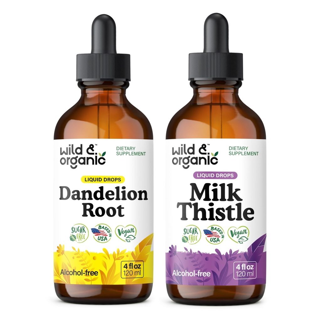 Wild & Organic Dandelion Juur Tinktuur & Piimaohakas Tinktuur 4 fl oz - Maksapuhastuse Detoxi tugi - Dandelion Juurekstrakti tilgad - Piimaohakalisand - suhkrut ja alkoholi ei ole