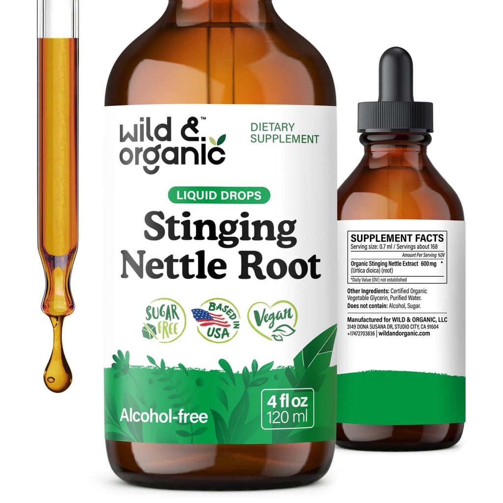 Wild & Organic Stinging Nettle Tinktuura - Stinginging Nettle Root Extract tilgad meestele ja naistele - Vedel Urtica Dioica Supplement - Vegan, suhkur & Alkoholivaba - 4 fl oz