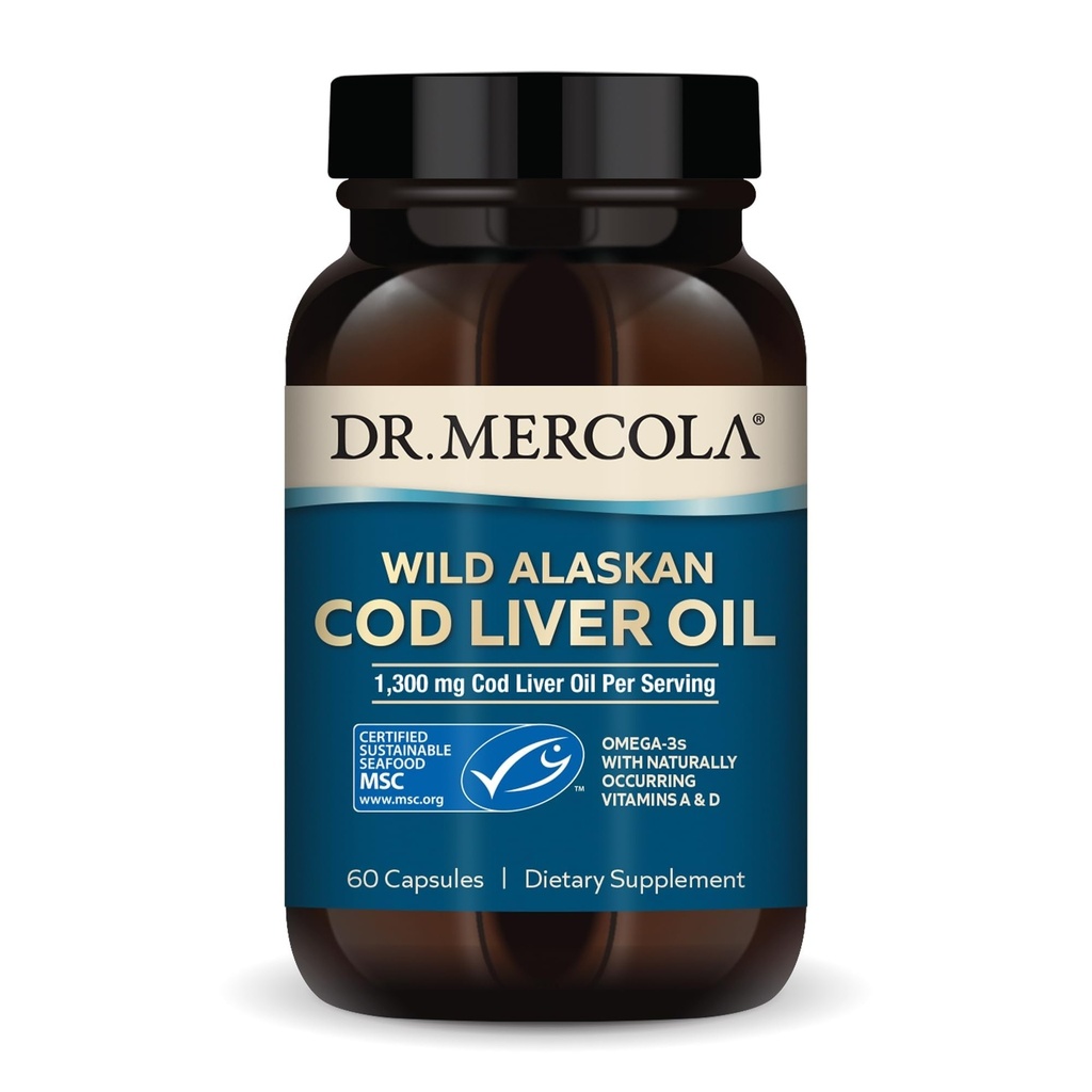 Dr. Mercola Cod Maksaõli, 1300 mg per Serving, 30 Servings (60 kapslit), toidulisand, toetab aju, luu ja liigeste tervist, mitte-GMO, MSC sertifitseeritud